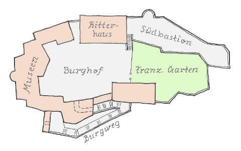 Grundriss der Burg Lenzburg mit den verschiedenen Bereichen der Veranstaltung.